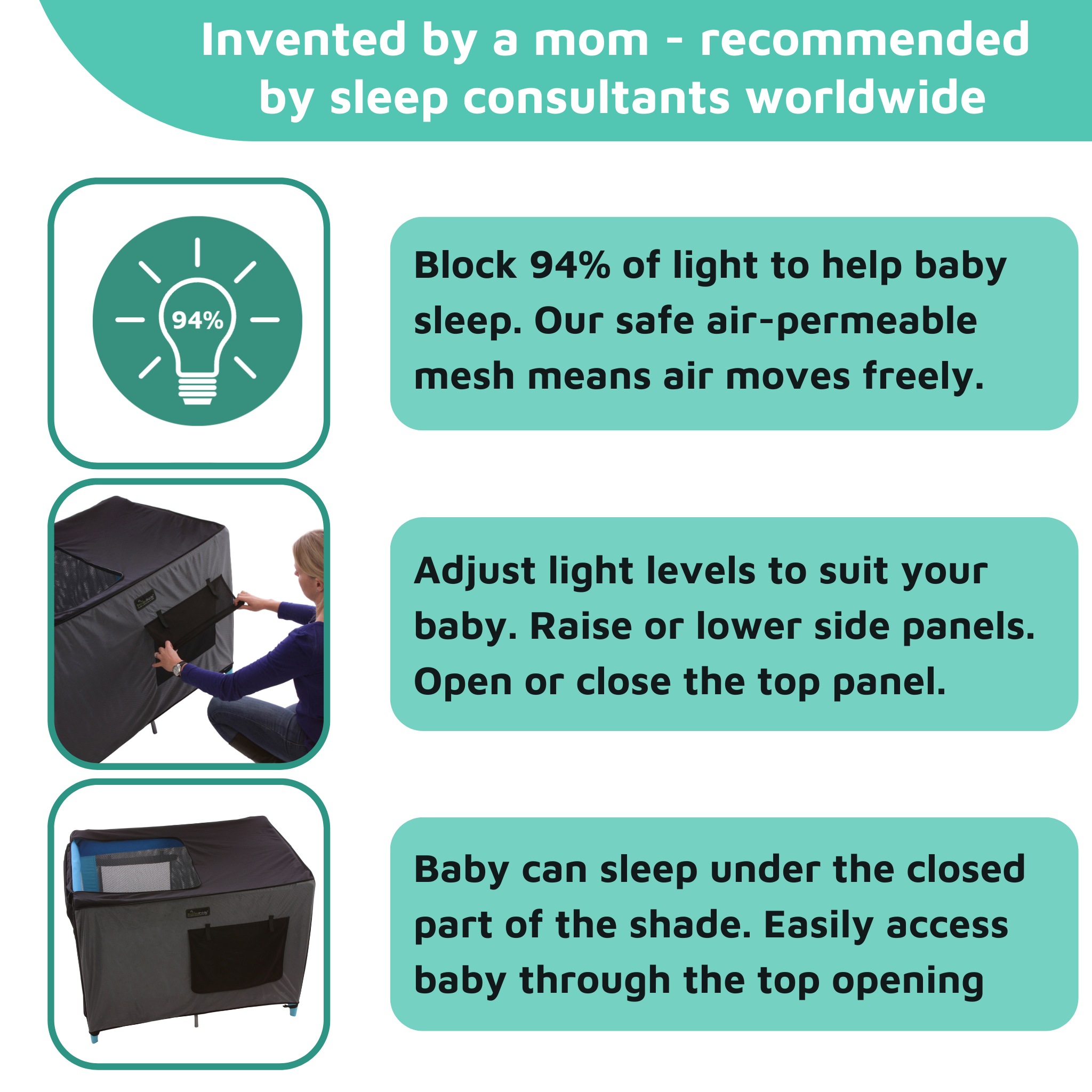 SnoozeShade for Pack and Plays Airpermeable blackout canopy